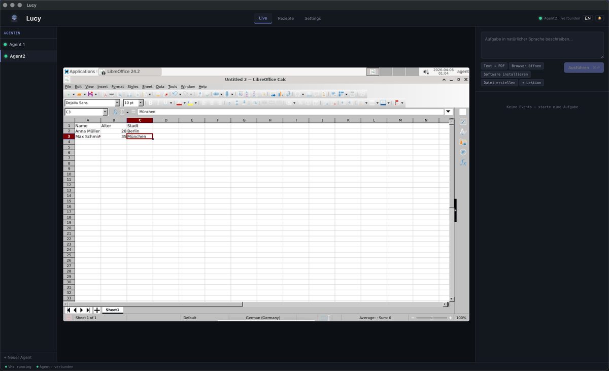 Lucy controlling LibreOffice Calc inside a sandboxed Ubuntu VM